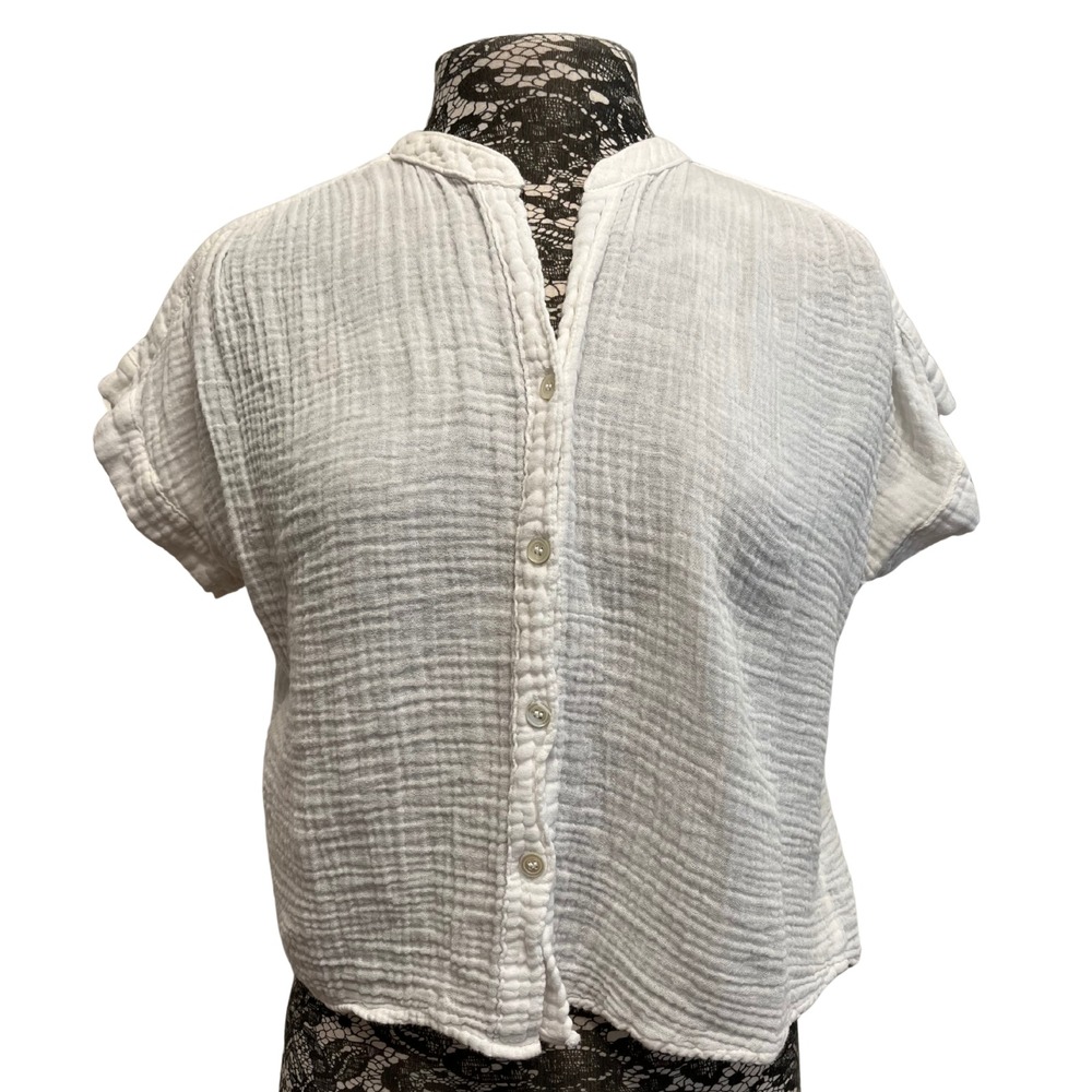 Felicite White Gauzy Top L Cropped Button-up‎ Cotton Boho Beachy Minimalist Chic